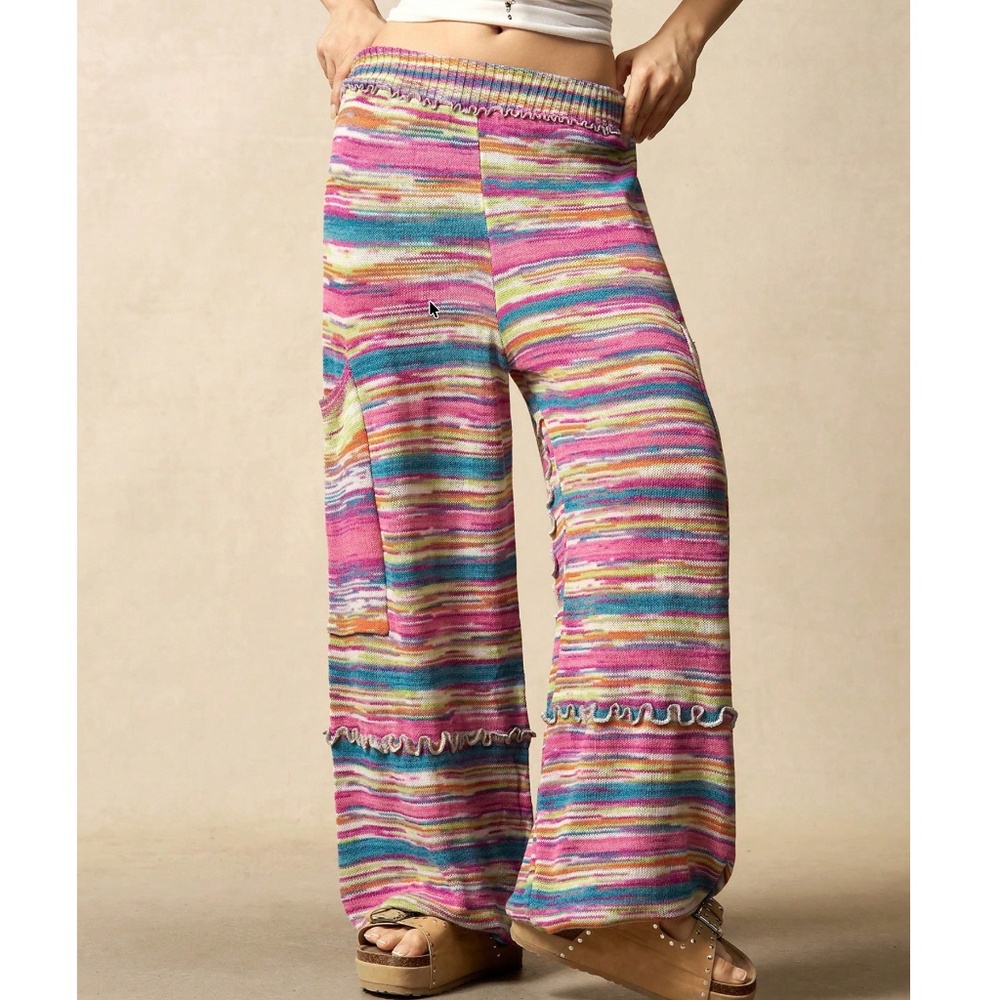 Multicolor Striped Stretchy Waist Ruffle Detail Pocket Jogger Pants